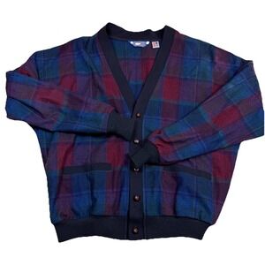 Vintage 80s Pendleton 100% Virgin Wool Plaid Cardigan Men's L Blue Red Grandpa